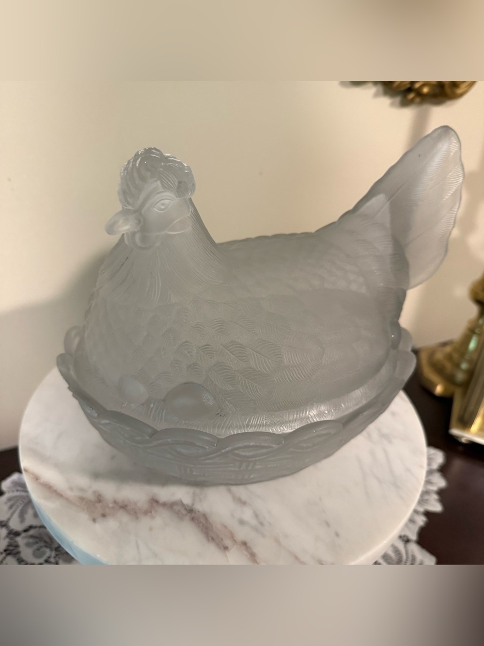 Vintage Clear with Uranium Green Glass Hen on Nest Decorative Bird Dish - Picture 6 of 8
